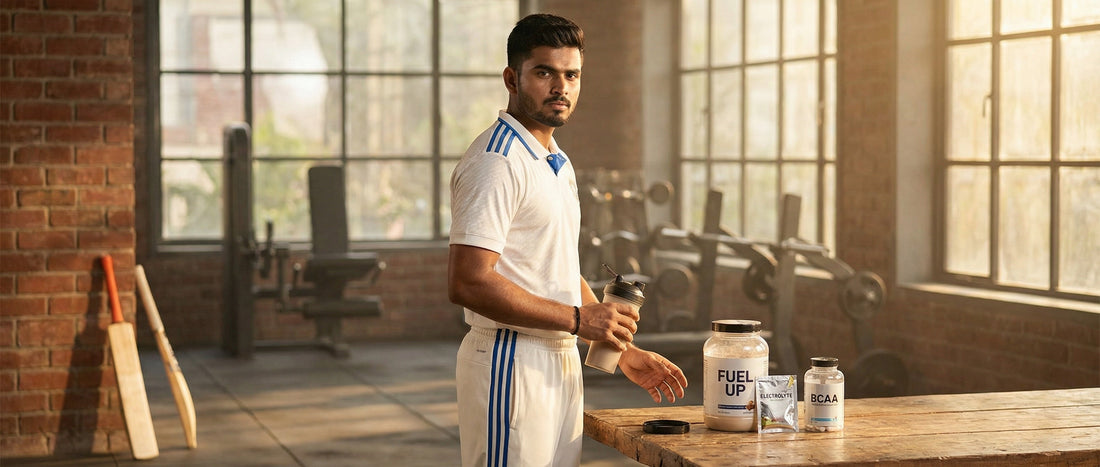 Indian cricketer with sports supplements for stamina including protein powder and electrolytes