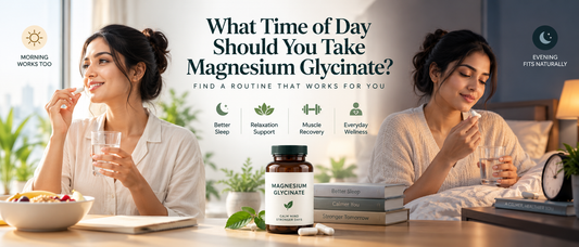 Best time to take magnesium glycinate infographic showing morning and evening routines for sleep, relaxation, muscle recovery, and everyday supplementation