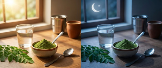 Moringa powder with warm morning light and night contrast showing the best time to take moringa powder in India.