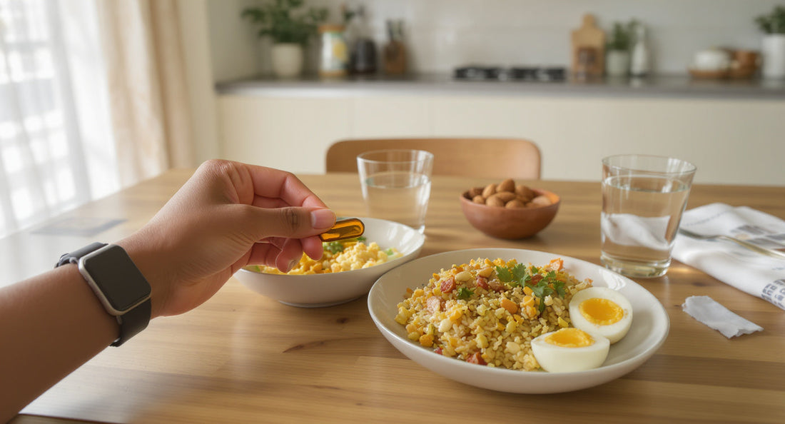 A person holding a multivitamin tablet and a glass of water during a healthy breakfast of poha and almonds to ensure maximum absorption.