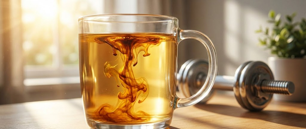 Glass of warm water with dissolving Shilajit resin for morning energy.