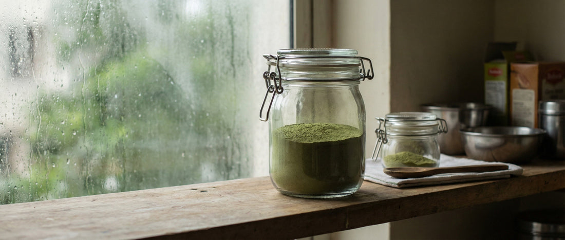 Proper storage of moringa powder in airtight containers inside a humid Indian kitchen environment