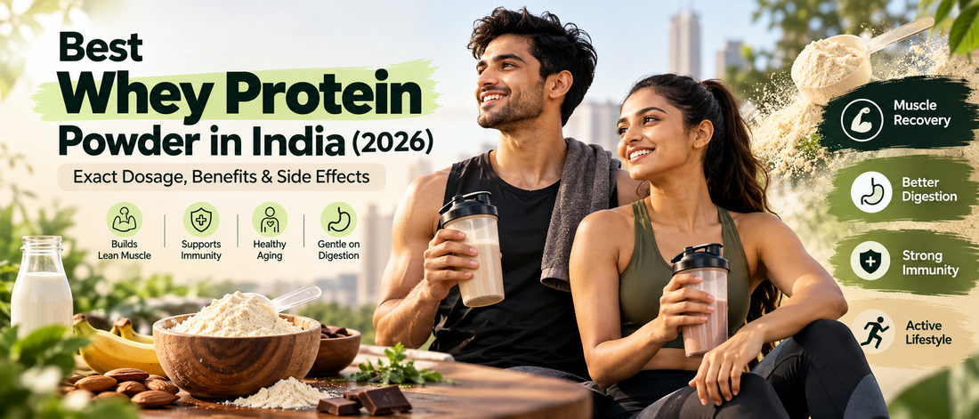 Best whey protein powder in India 2026 guide showing whey protein, dosage, benefits, muscle recovery and healthy digestion