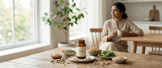 Zinc supplement with natural food sources like pumpkin seeds, cashews, and spinach on a table in an Indian home, representing daily immunity and wellness support