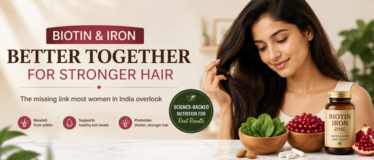 Biotin and iron for hair loss India woman checking hair health in mirror
