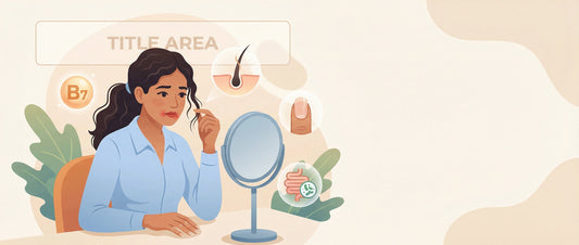Indian woman checking hair thinning and brittle nails, showing common biotin deficiency symptoms like hair fall and facial rash.
