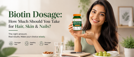 Woman checking biotin dosage for healthy hair skin and nails with supplement guide
