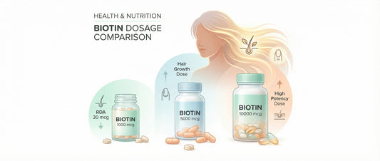 Biotin dosage chart for India showing RDA vs 1000 mcg, 5000 mcg, and 10000 mcg daily intake for hair growth.