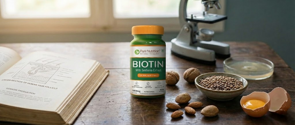 An amber bottle of "Evidence-Based" Biotin B7 supplements on a wooden desk next to an open medical textbook showing a diagram of a human hair follicle. Natural food sources like almonds, lentils, and eggs are scattered around.