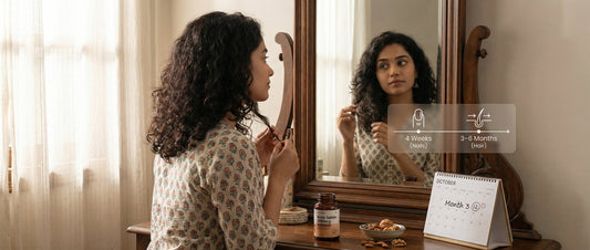 An Indian woman checking her hair growth progress in a mirror with biotin tablets and a calendar, illustrating the realistic 3 to 6-month timeline for biotin results in India.