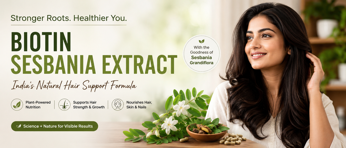 Biotin sesbania extract india supplement concept with healthy-haired Indian woman