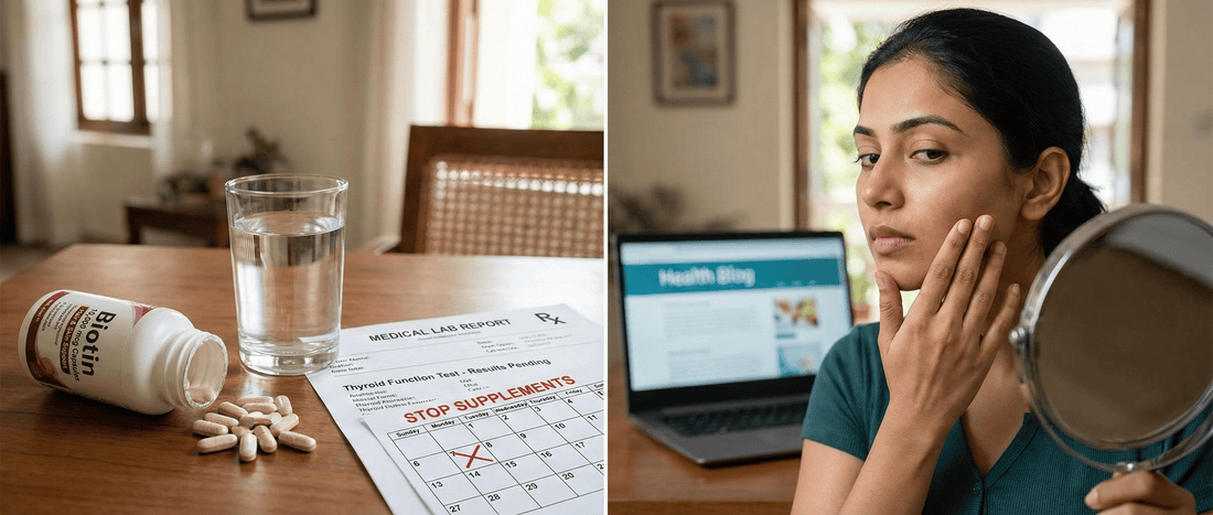 Indian woman holding biotin supplements near a thyroid lab report and glass of water, illustrating biotin side effects in India and lab test interference risks.