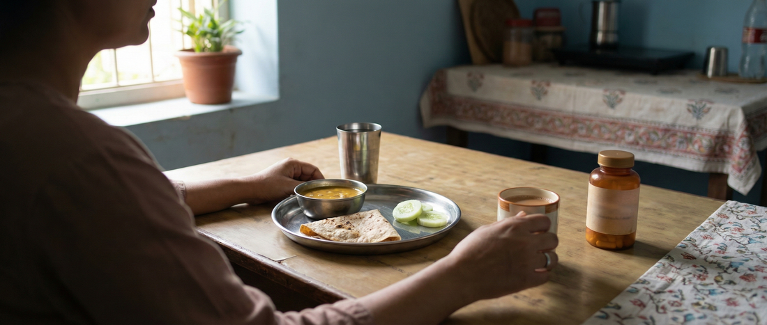 Biotin supplement placed beside a typical Indian breakfast, showing how daily meals may interact with supplement routines.