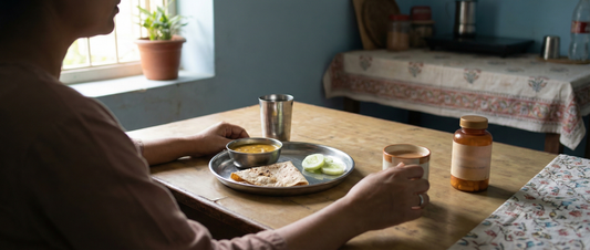 Biotin supplement placed beside a typical Indian breakfast, showing how daily meals may interact with supplement routines.