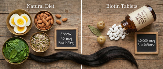 Flat lay comparison showing natural biotin rich foods like eggs and almonds versus 10000 mcg biotin tablets for hair growth and skin health.
