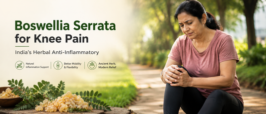Middle-aged Indian woman experiencing mild knee pain while walking outdoors, representing Boswellia Serrata for knee pain and natural joint support.