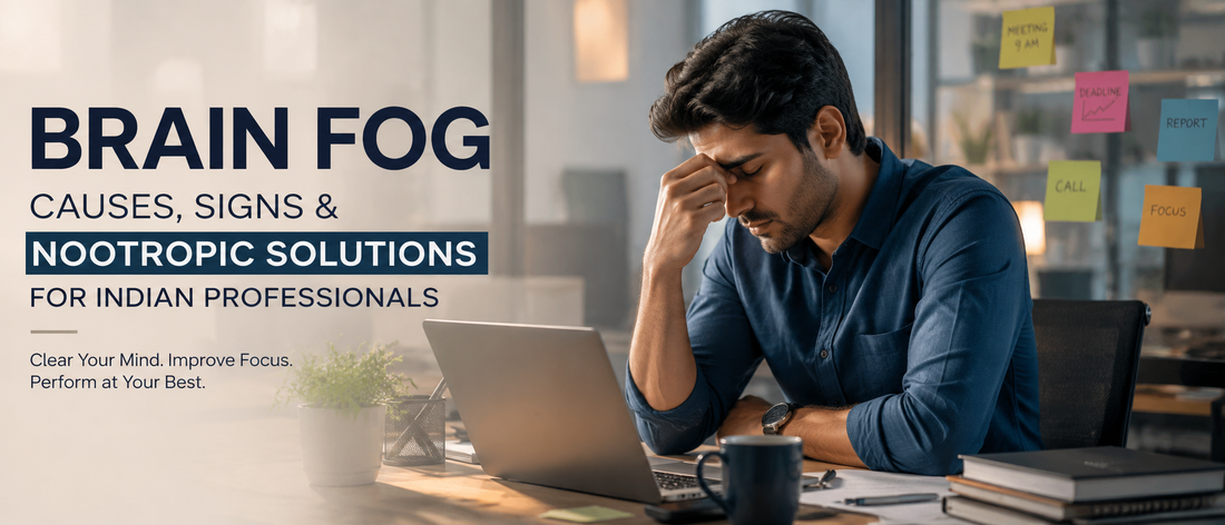 Indian corporate professional experiencing brain fog and mental fatigue while working on laptop in modern office