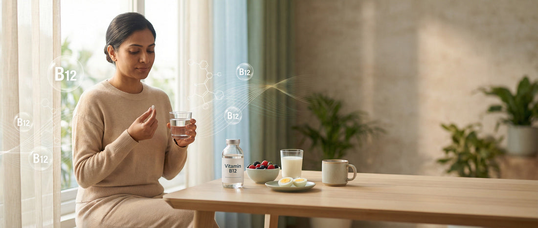 Indian adult holding a vitamin B12 tablet and water glass at home, illustrating daily vitamin B12 dosage and safety for beginners