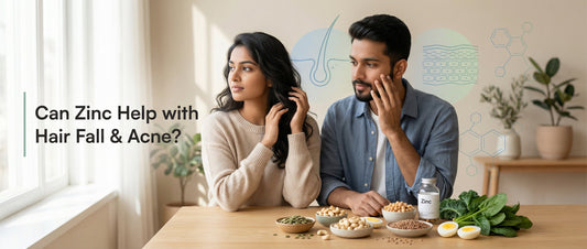 Indian adults exploring zinc-rich foods and supplements while learning how zinc may support hair fall and acne concerns
