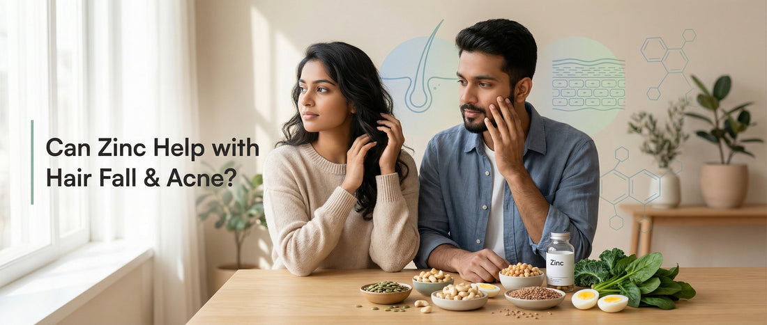 Indian adults exploring zinc-rich foods and supplements while learning how zinc may support hair fall and acne concerns