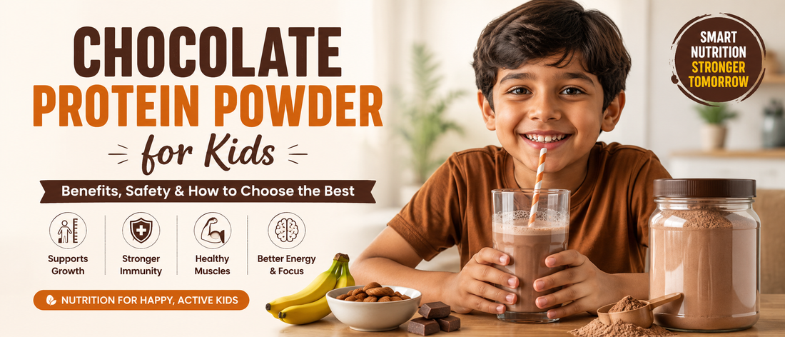 Chocolate protein powder for kids served with milk in an Indian family breakfast setting