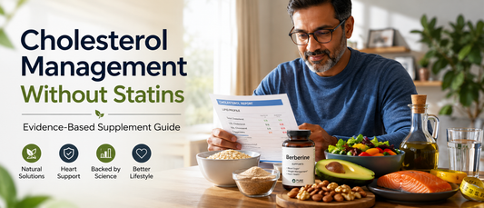 Middle-aged Indian man reviewing cholesterol test results with healthy foods and berberine supplement representing natural cholesterol management without statins