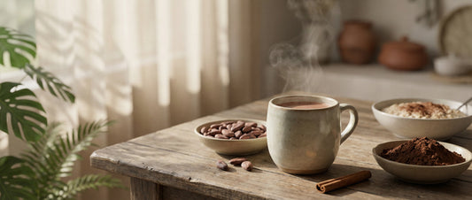 Warm cup of unsweetened cocoa powder drink with cacao beans and oatmeal on an Indian breakfast table, representing gentle mood support and natural antioxidants