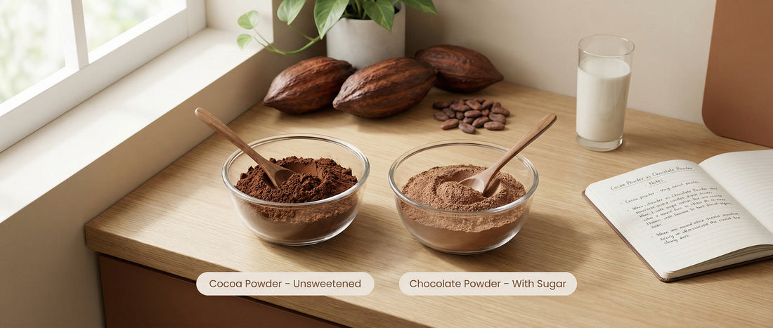 Side-by-side comparison of cocoa powder and chocolate powder in glass bowls on a kitchen counter, showing the visual and ingredient differences