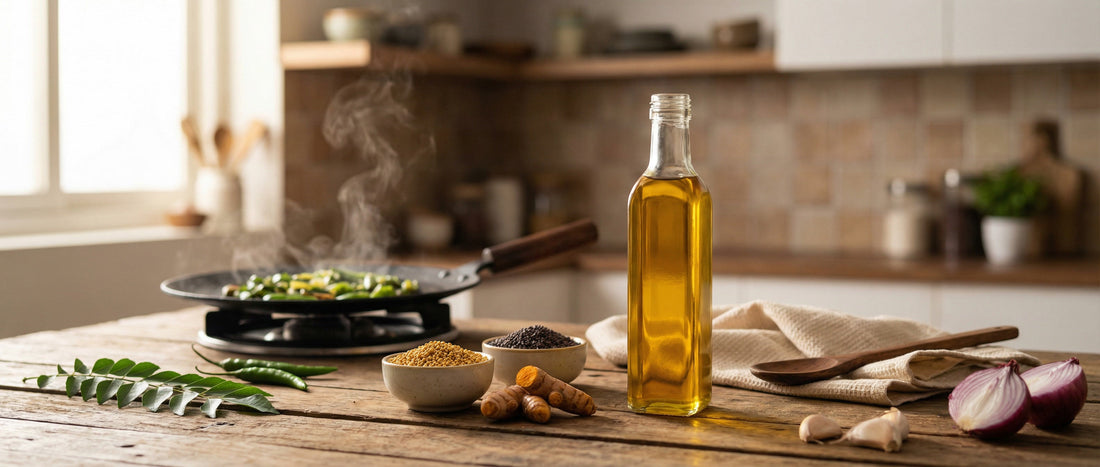 Glass bottle of cold pressed mustard oil with mustard seeds, spices, and vegetables on an Indian kitchen counter, showing traditional cooking ingredients