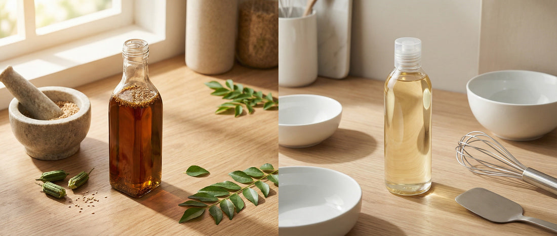 Cold pressed sesame oil and refined sesame oil placed side by side in an Indian kitchen setting, showing differences in color, texture, and processing style