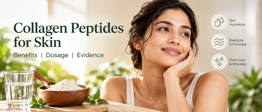 Woman with healthy-looking skin beside collagen powder, illustrating collagen peptides for skin benefits and evidence