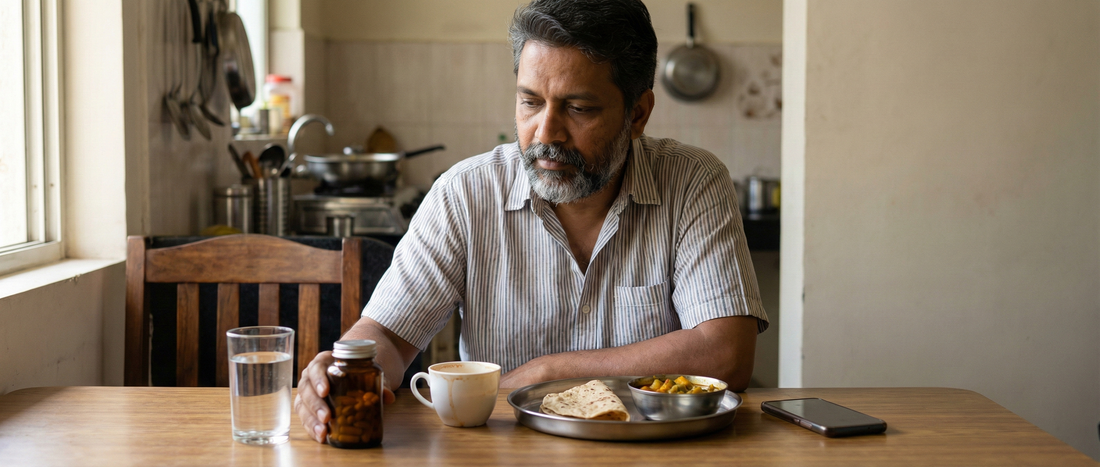An Indian adult thoughtfully looking at a multivitamin strip on a dining table with food and tea, reflecting common mistakes in multivitamin use.