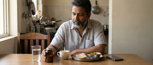 An Indian adult thoughtfully looking at a multivitamin strip on a dining table with food and tea, reflecting common mistakes in multivitamin use.