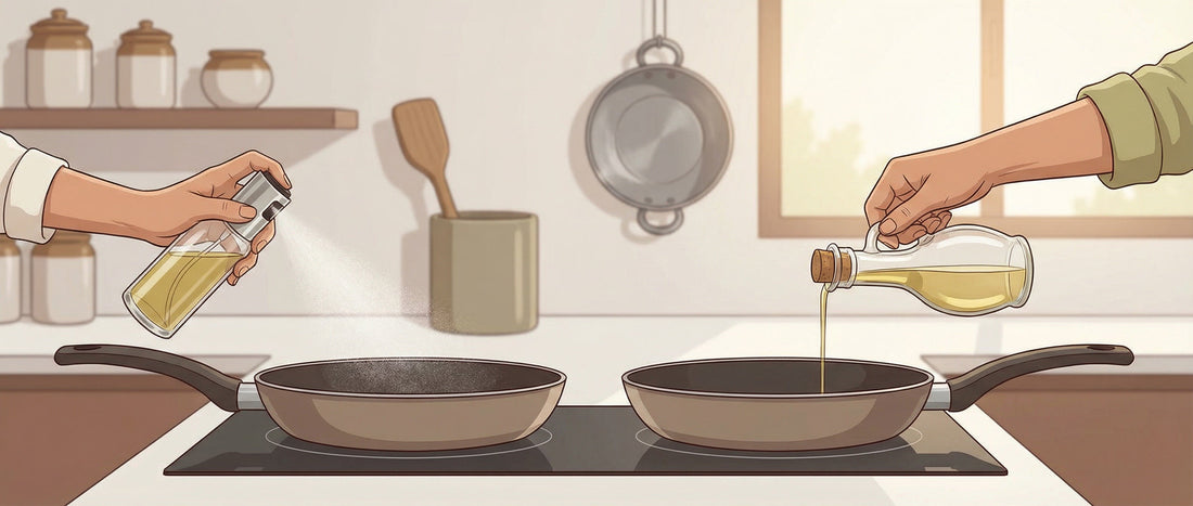 Comparison of cooking oil spray and regular oil being used in an Indian home kitchen