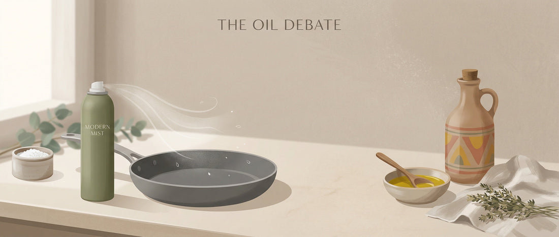 Cooking oil spray and regular cooking oil placed in a kitchen setting for comparison