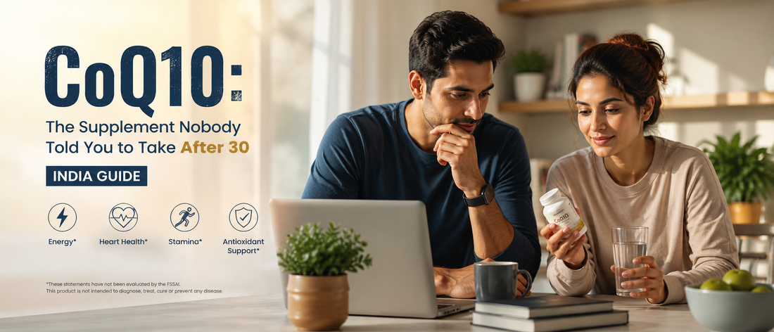 Indian man and woman in their 30s learning about CoQ10 supplement for energy and healthy aging