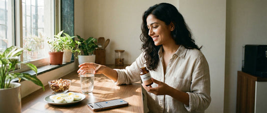 Indian woman taking a biotin supplement with a full glass of water and cooked eggs to illustrate how to avoid common biotin mistakes in India.
