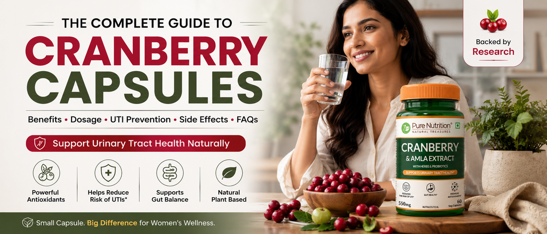 Cranberry capsules for urinary tract health with healthy Indian woman and fresh cranberries