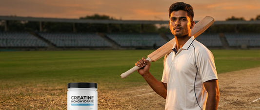 Indian cricketer holding bat at golden hour with creatine supplement jar in foreground creatine for cricket players