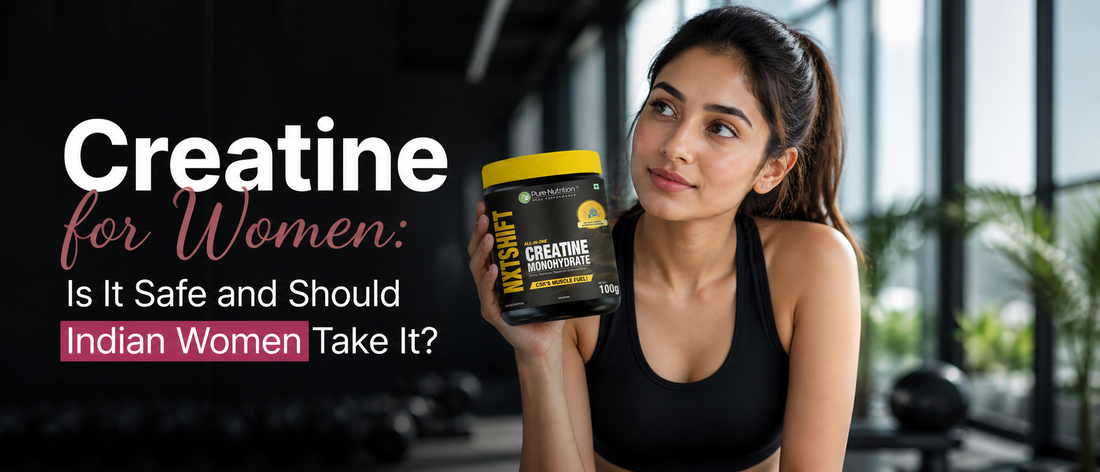 Indian woman holding creatine supplement with gym background questioning safety