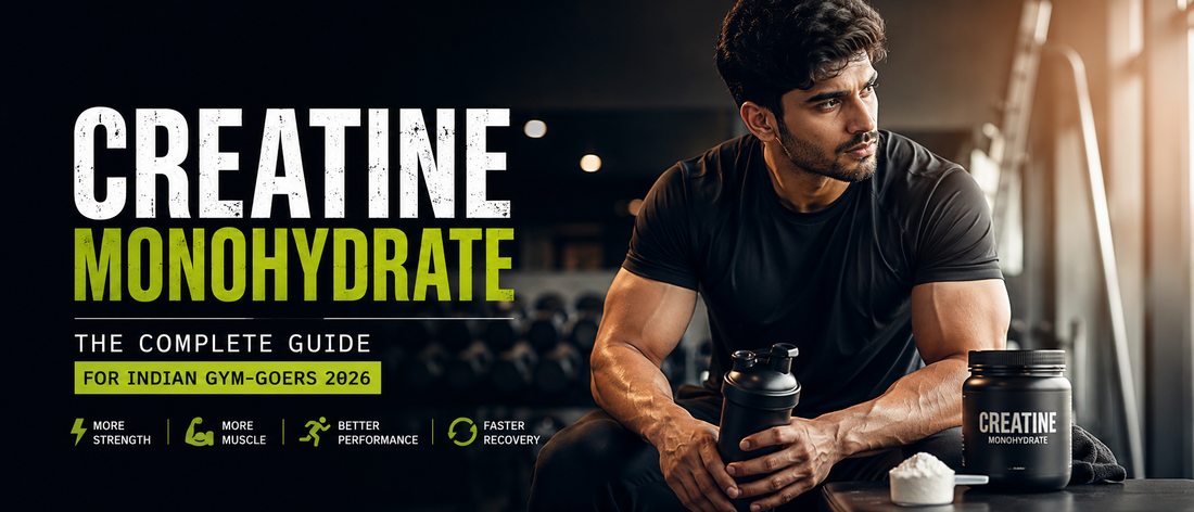 Indian gym-goer holding creatine monohydrate supplement after workout in modern fitness gym