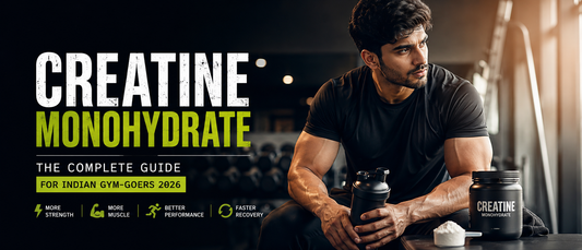 Indian gym-goer holding creatine monohydrate supplement after workout in modern fitness gym