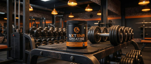 NXTShift creatine with taurine and magnesium supplement container on gym bench with weights in background