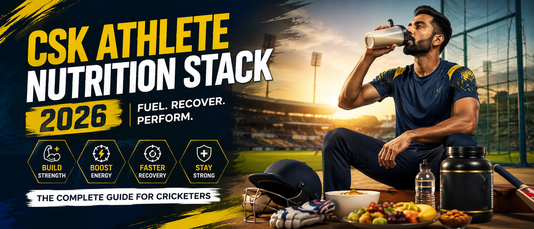 CSK athlete nutrition stack 2026 showing an Indian cricketer preparing a protein shake after training