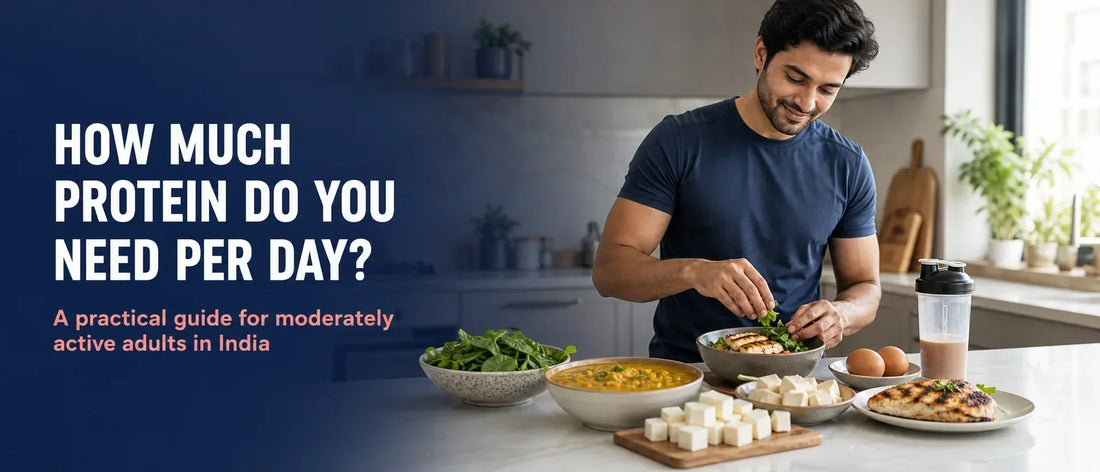 Indian adult preparing a balanced protein-rich meal with dal, paneer, tofu, eggs, and greens in a modern kitchen