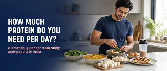 Indian adult preparing a balanced protein-rich meal with dal, paneer, tofu, eggs, and greens in a modern kitchen