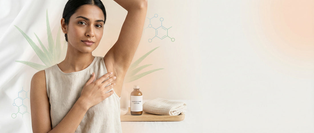 Indian woman gently checking underarm skin while following a safe skincare routine for dark underarms caused by shaving, friction, and product irritation