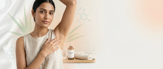 Indian woman gently checking underarm skin while following a safe skincare routine for dark underarms caused by shaving, friction, and product irritation