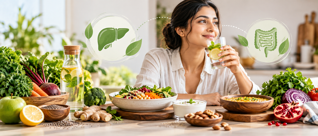 Detox diet with healthy whole foods, vegetables, fruits, lentils, nuts and lemon water