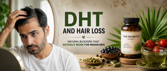 Indian man experiencing hair thinning while learning about natural DHT blockers for healthier hair growth